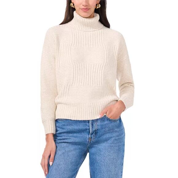Vince Camuto Women's Cream / Oatmeal Patchwork Stitch Knit Turtleneck Sweater, S - Picture 1 of 7
